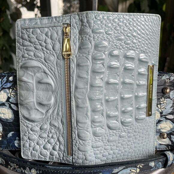 Brahmin Leather Croc Mini Asher Melbourne Blue Floral Bag & Ady Wallet EUC - Picture 5 of 12